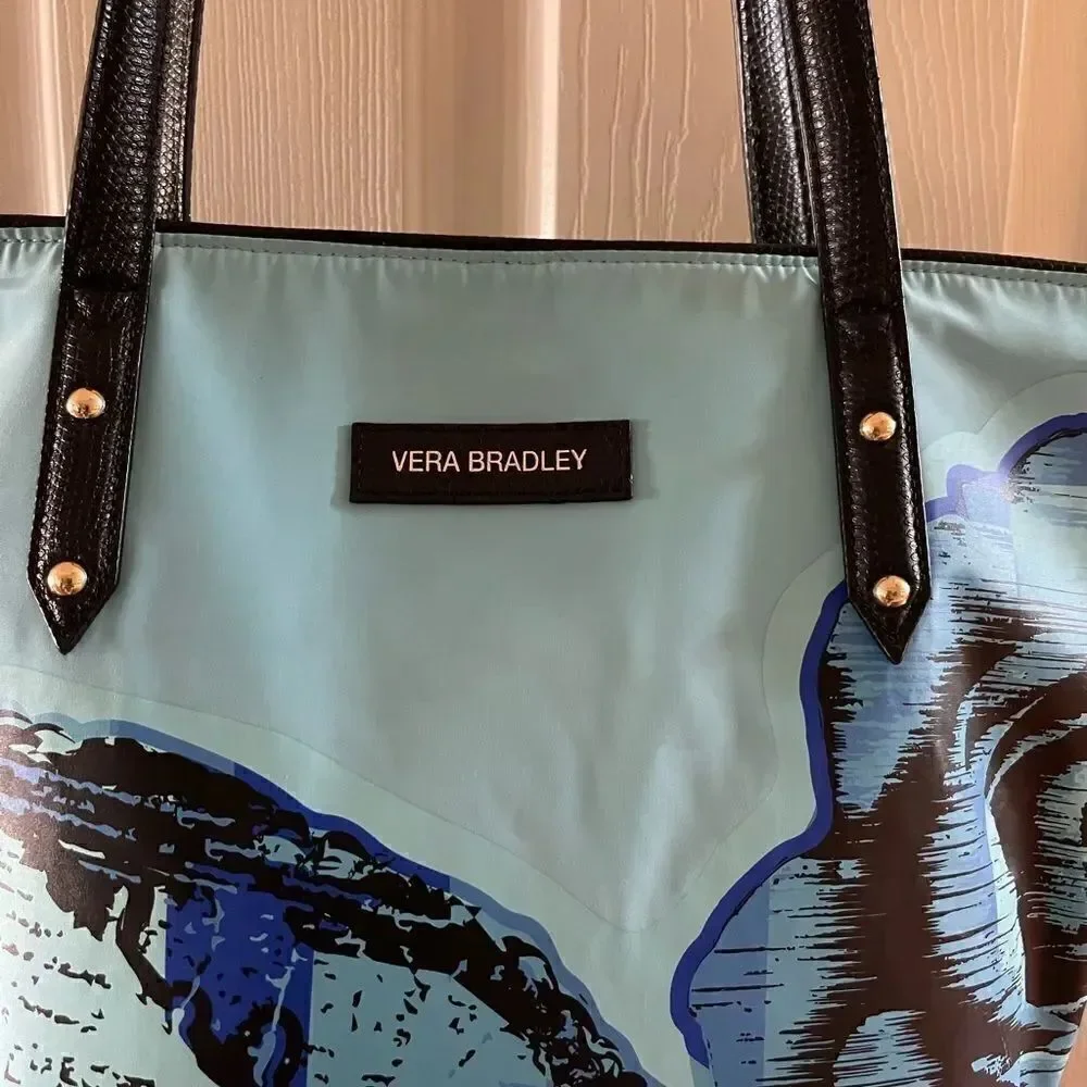 Vera Bradley blue Havana Rose Medium poly toted with black trim